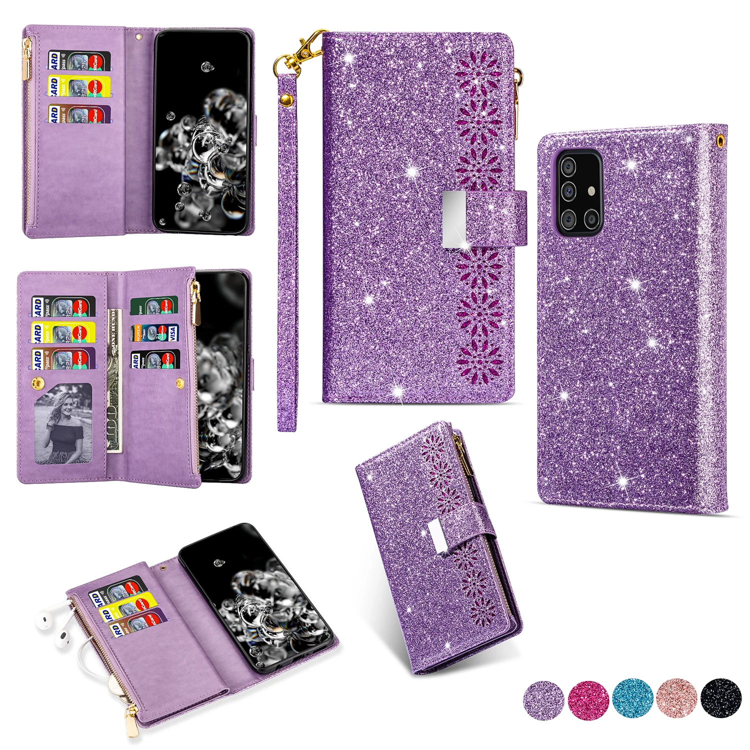 The New! Glitter Star Laser Carving Leather Phone Case + Lanyard, Suitable For Samsung A91 A81 A71 A70 Note10 S22phone Card Case
