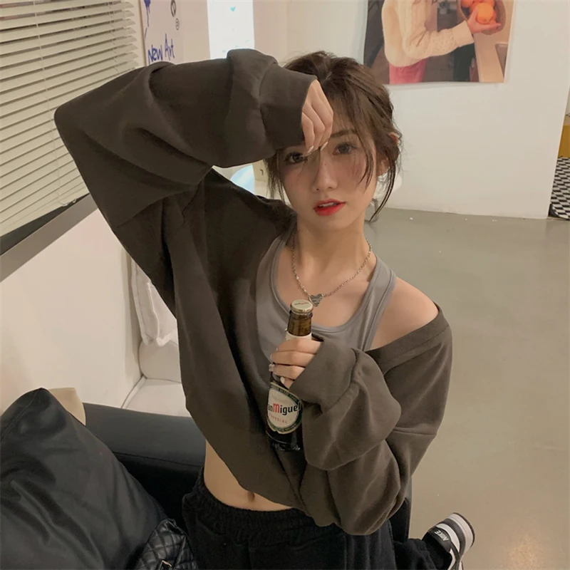 

A Round neck capless long-sleeved women's spring and autumn new retro loose and thin casual mid-length top