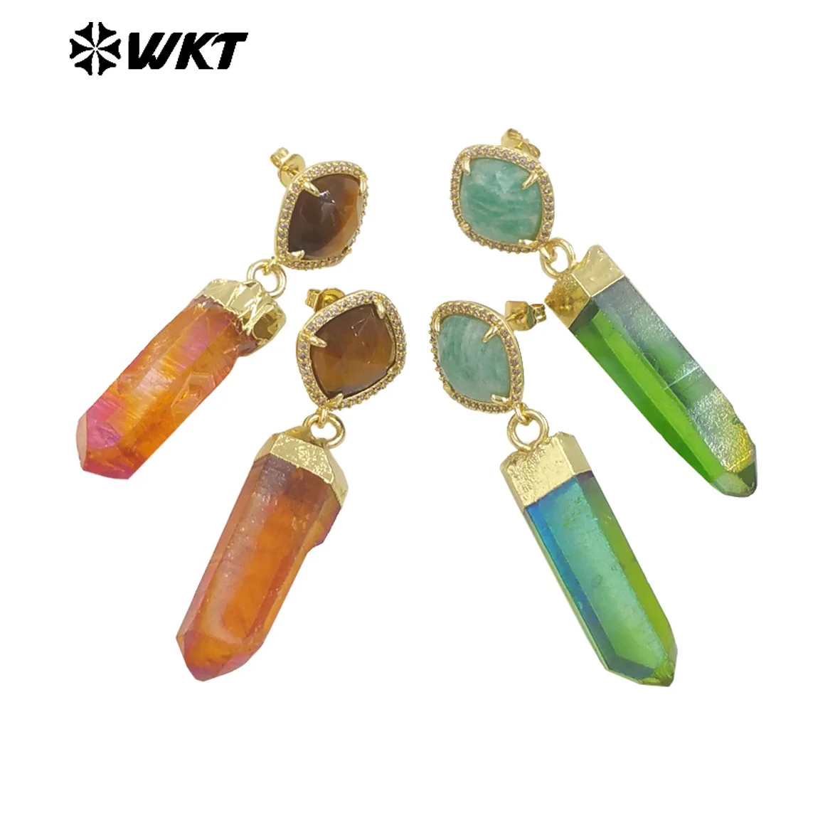 WKT-E774 Длинные серьги из натурального цветного нестандартного кварца ауры и