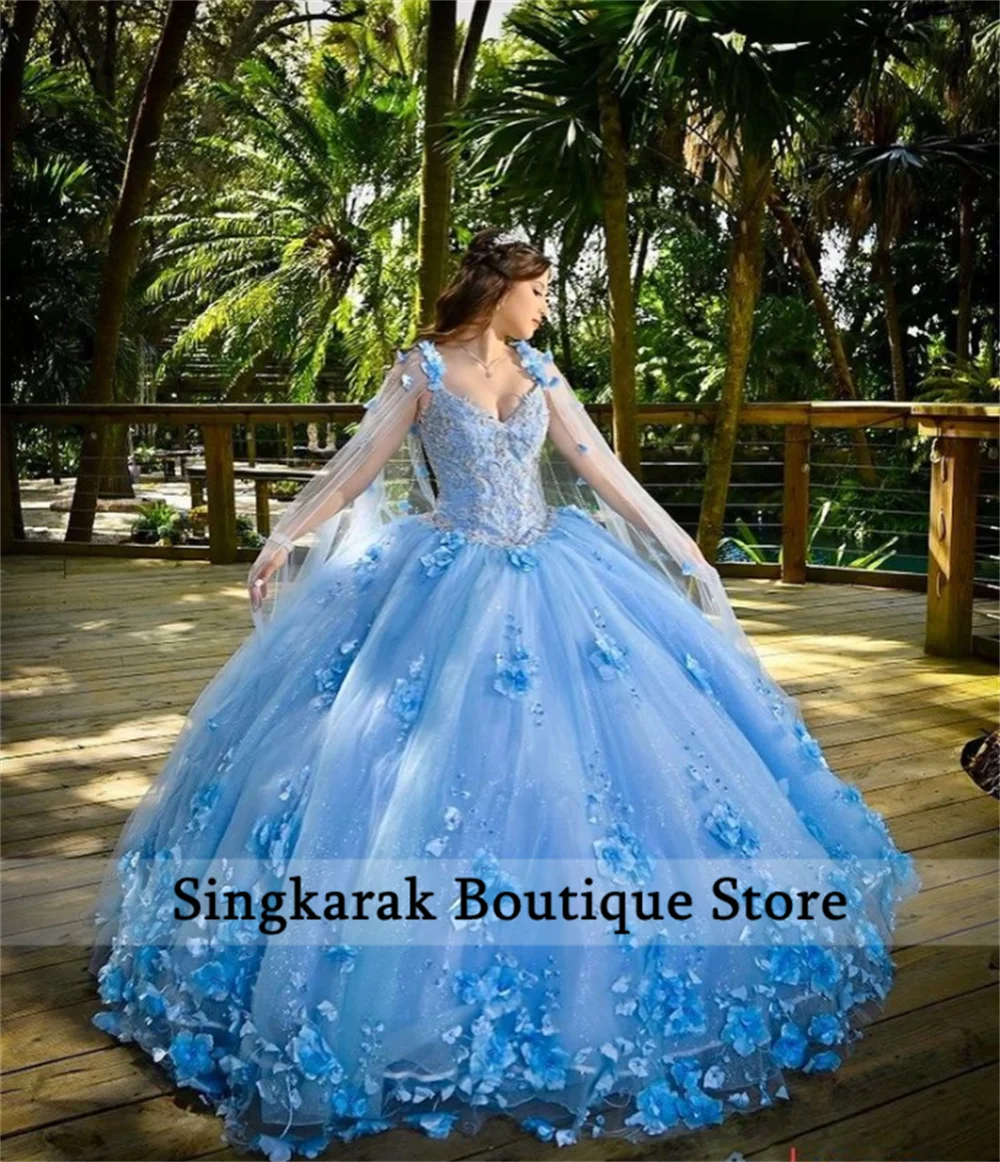 Бальное платье небесно-голубого цвета платья Quinceanera со съемной накидкой