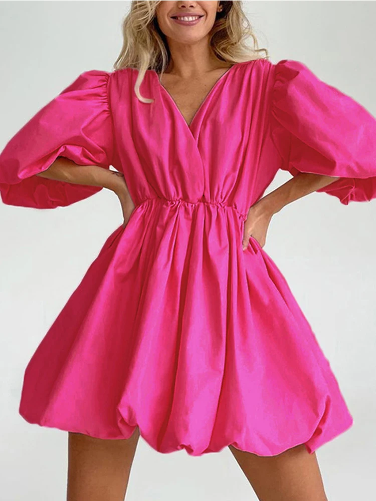 

Женское короткое платье с высокой талией, элегантное Плиссированное однотонное платье-мини с высокой талией и V-образным вырезом, лето 2019