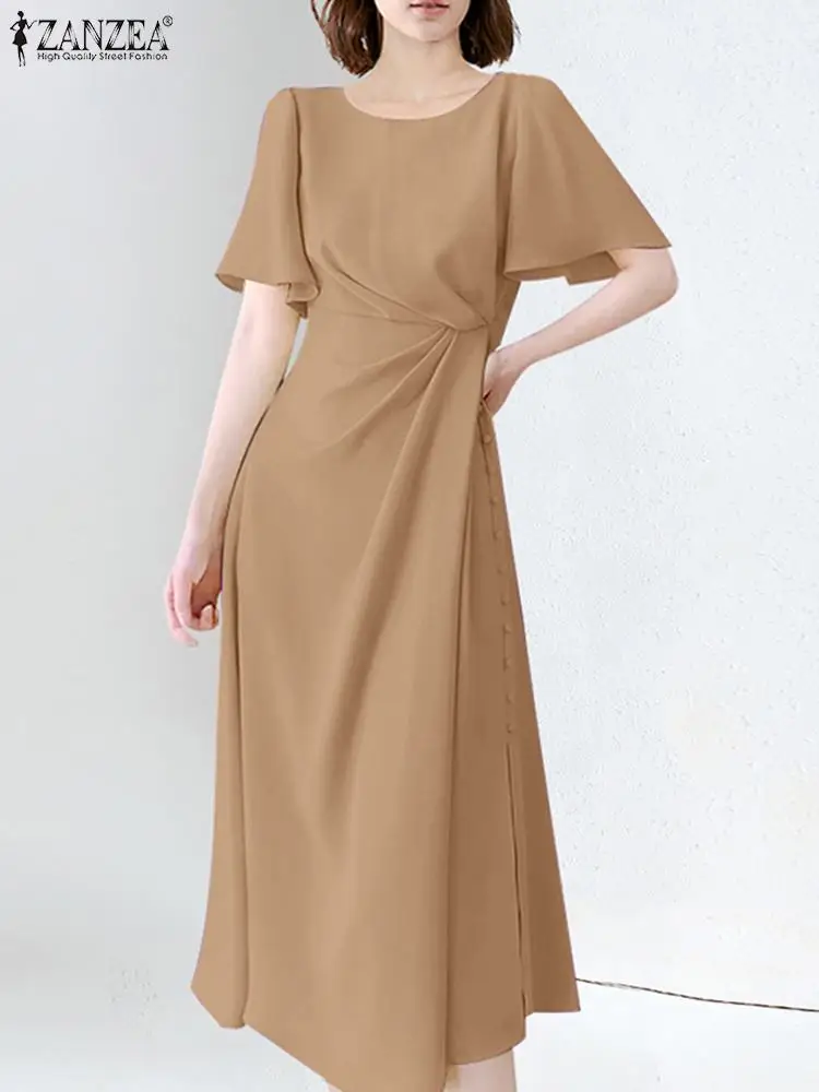 

Женское модное оригинальное платье ZANZEA, элегантный летний сарафан с воротником, офисное платье, женское платье с коротким рукавом, повседневные праздничные платья