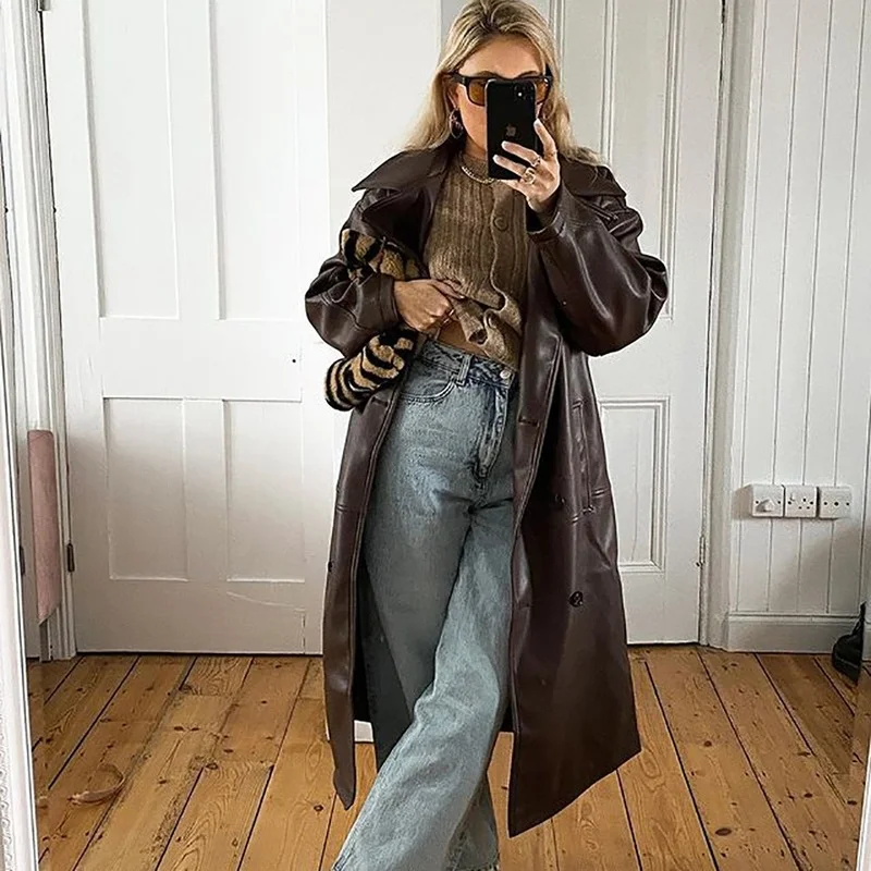 Women's Autumn/winter Brown PU Jacket Female Trend Long Windbreaker Lapel Stitching Pocket Solid Color Single-breasted Jacket