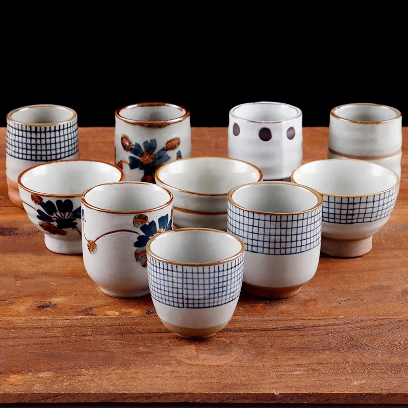 

Ceramic Tea Cup Mug Japanese Retro Style Rough Pottery Mug Coffee Cup Soup Cup Handpainted Lattice Pattern Originality Wine Cups