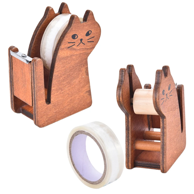 Kawaii Cute cat wooden tape Dispenser Tape holder Tapes cutter Office School Supplies Creative Stationery Gifts images - 6