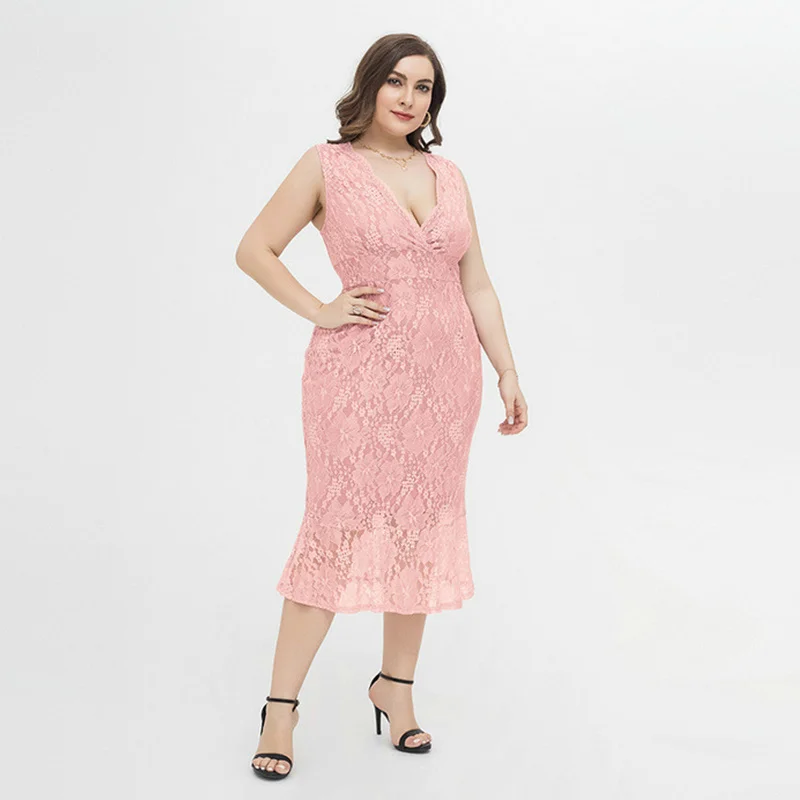 Plus Size Dress Women Summer 2022 Sweet Elegant Sexy Slim Lace Pink Print Pattern Calf Length Sleeveless Large Size Dress 4XL