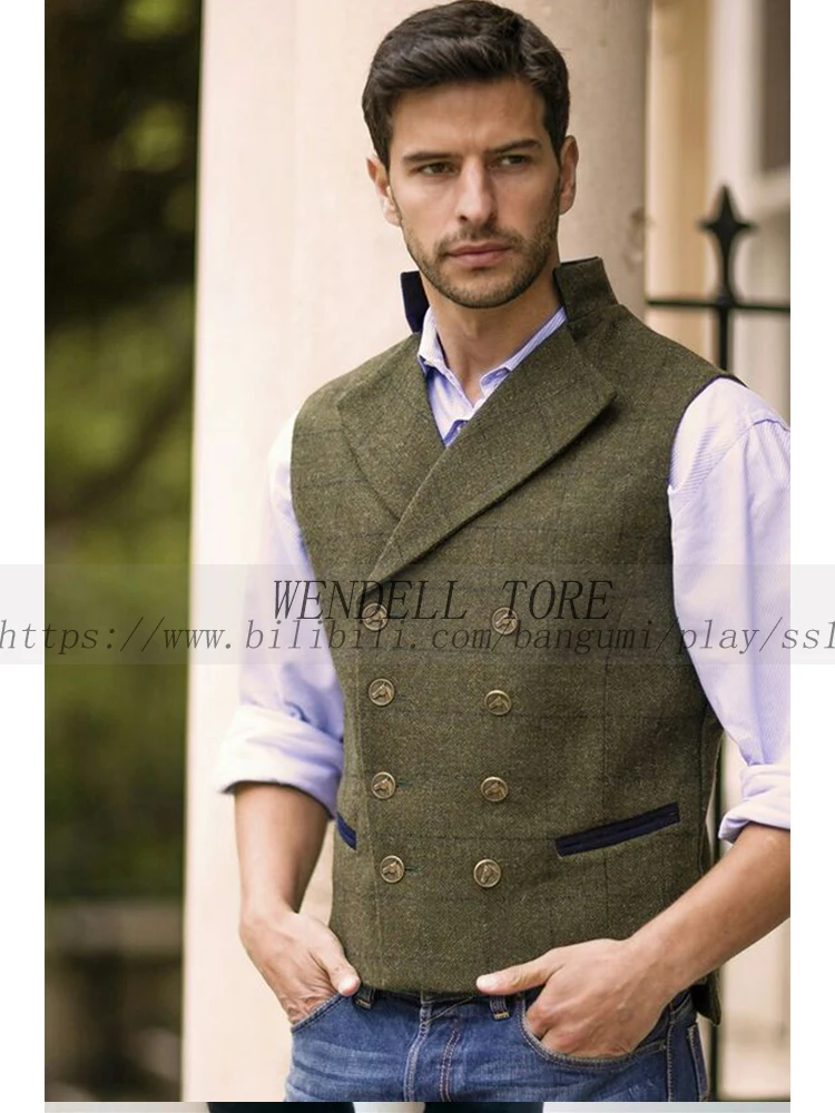 

Men's Vest Tweed Herringbone Plaid Vintage Double Breasted Gun Lapel Fashion Tank Top chaleco hombre vestir
