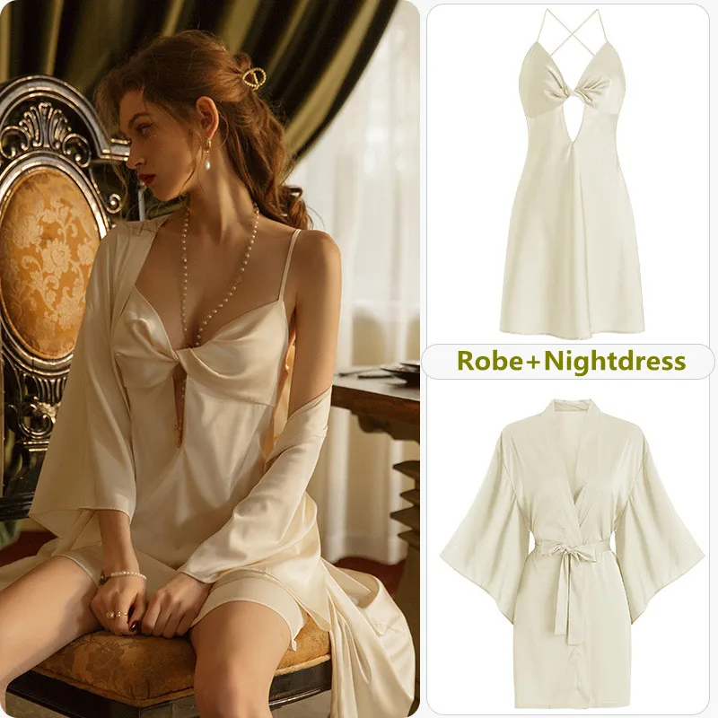 Two Piece Set Nightgown Sleep Dress 2Pcs Solid Color V Neck Homedress Nightwear Sexy Home Clothes Chest Wrap Robe Gown