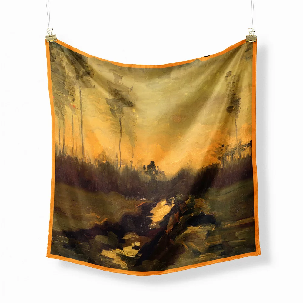 

2022 New Design Van Gogh Twilight Scene Silk Scarf Fashion Women Small Square Scarves Hijab Head Scarf Neck Tie Band Neckerchief