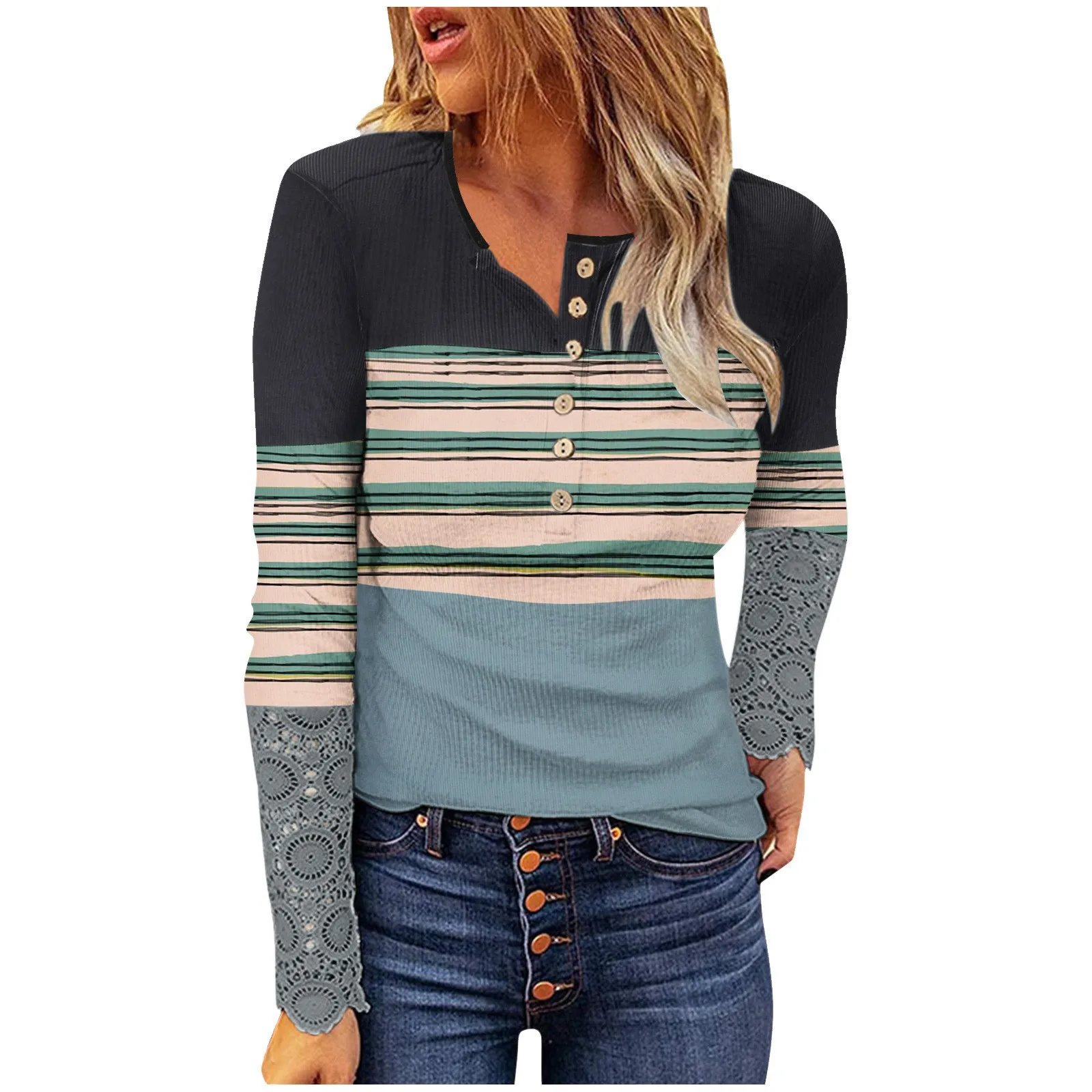 

Autumn Women Stripe Color Matching Vintage Slim Tee Tops Print Buttons O Neck Long-sleeved Urban Casual Ladies Pullover T-shirt