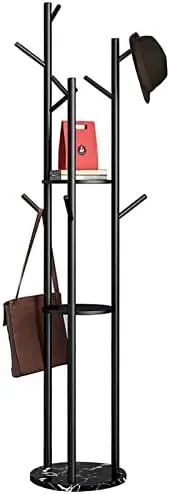 

Freestanding Metal Coat Tree Stand with 3 Storage Shelves and 9 Hooks Marble Base for Hanging,Jackets Hats Bags Purses Entryway