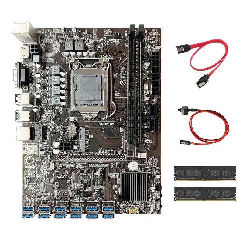 Материнская плата B250C для майнинга BTC + 2XDDR4 4 Гб ОЗУ кабель SATA коммутационный 12X PCIE