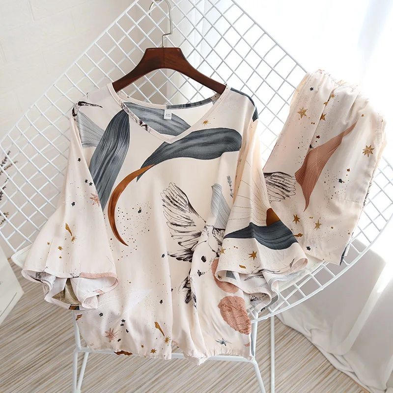 Summer Pajamas Set Women's Rayon Seven-point Sleeve Shorts Two-piece Set Fresh Can Wear Short-Sleeve Shorts Sports