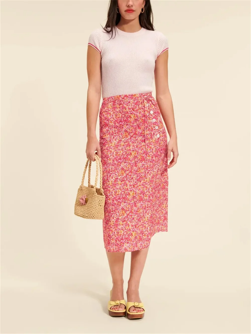 

Women Tank Top Slim Sleeveless Or Midi Skirt Printed Split Sweet Set