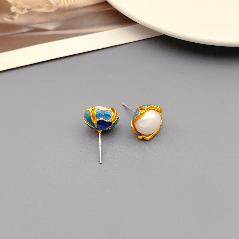 

925 Silver Needle Earrings Natural Freshwater Pearl Manual Enamel Glaze Flower For Women Elegant Court Style Stud Earrings