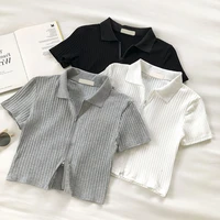 crop top ribbed knitted tops basic shirts sport elastic short sleeve casual black grey t shirt streetwear summer polo zipper top