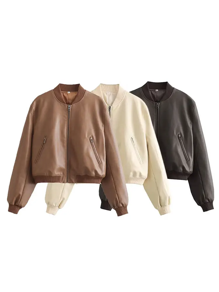 

Женская модная однотонная куртка-бомбер из искусственной кожи, повседневная короткая куртка на молнии с длинным рукавом, осенняя Дамская уличная верхняя одежда, 2023