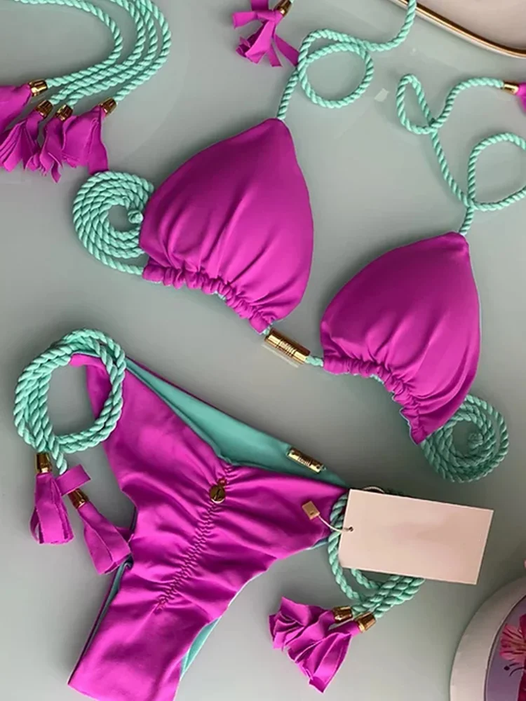 

Sexy Thong Bikini Set 2022 Swimsuit Woman Double Side Patchwork 2 Two Piece Triangle Bandage Female Swimwear Low Waist Tassels