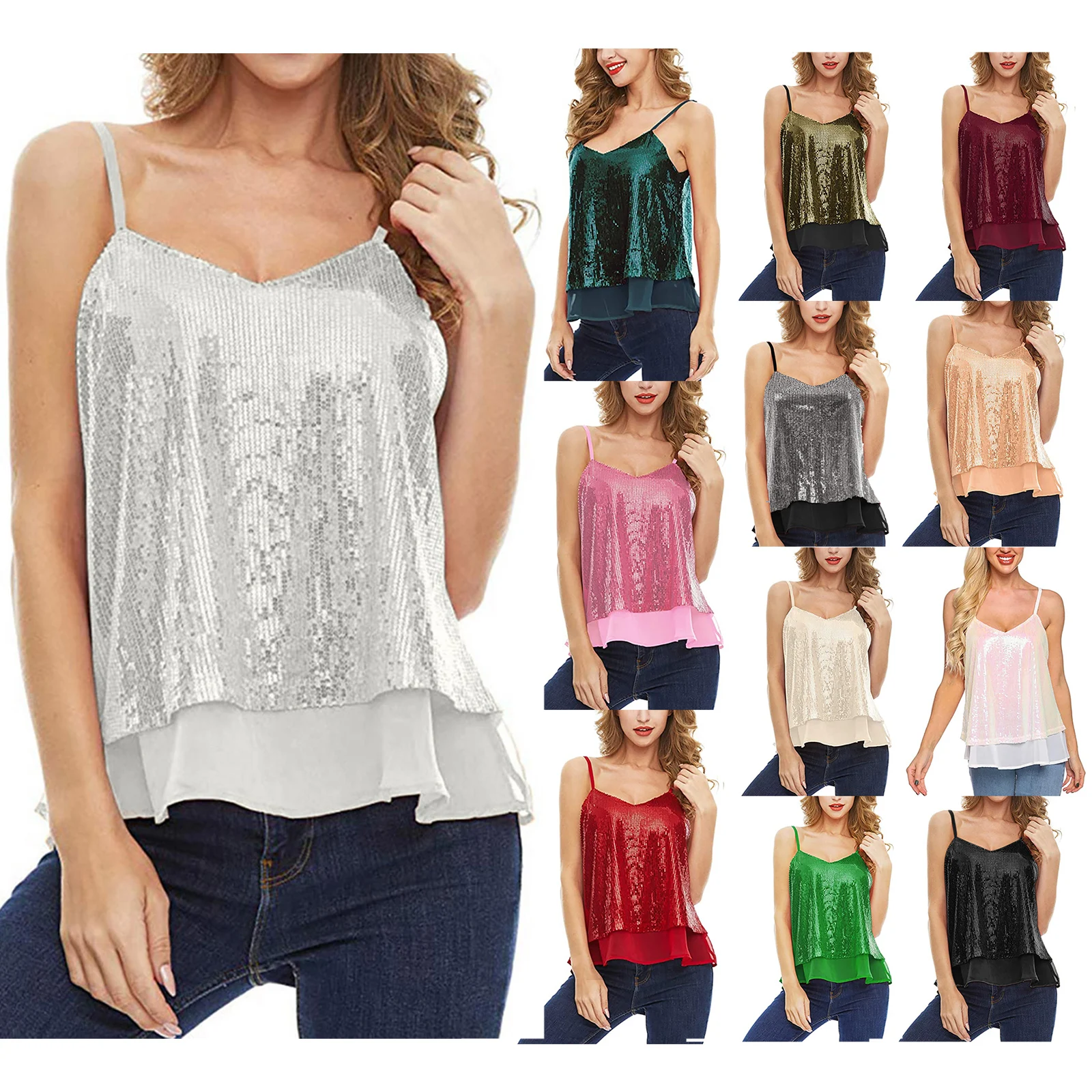 Women Sequins Camisloes with See-through Mesh Sexy Spaghetti Strap Backless Tank Tops Party Club Shiny Vests Summer Clothes