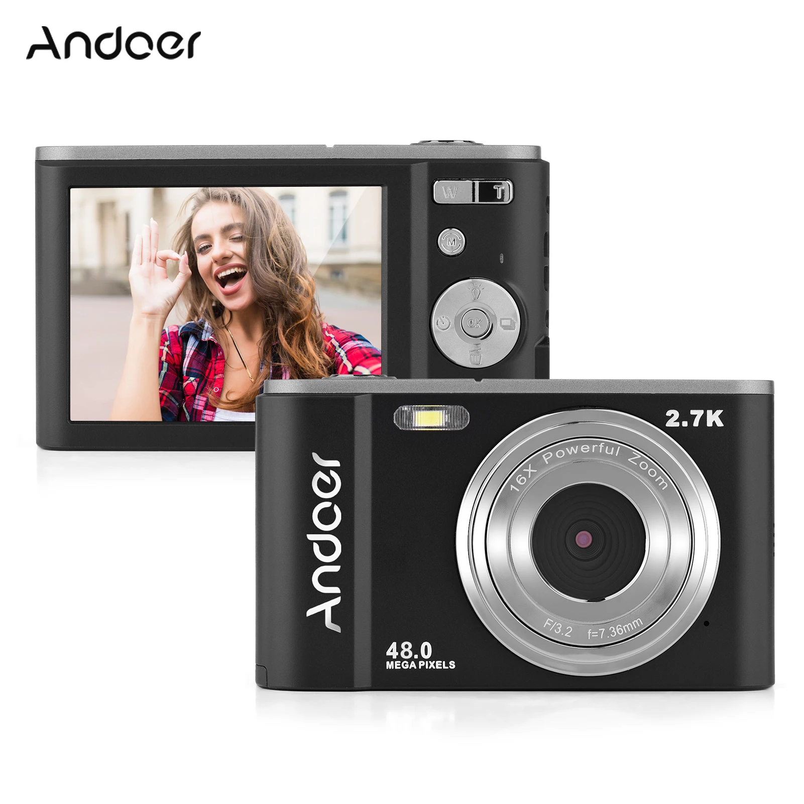 

Andoer Portable Digital Camera 48MP 2.7K 2.88-inch Screen 16X Zoom Auto Focus 128GB Extended Memory Face Detection Anti-shaking