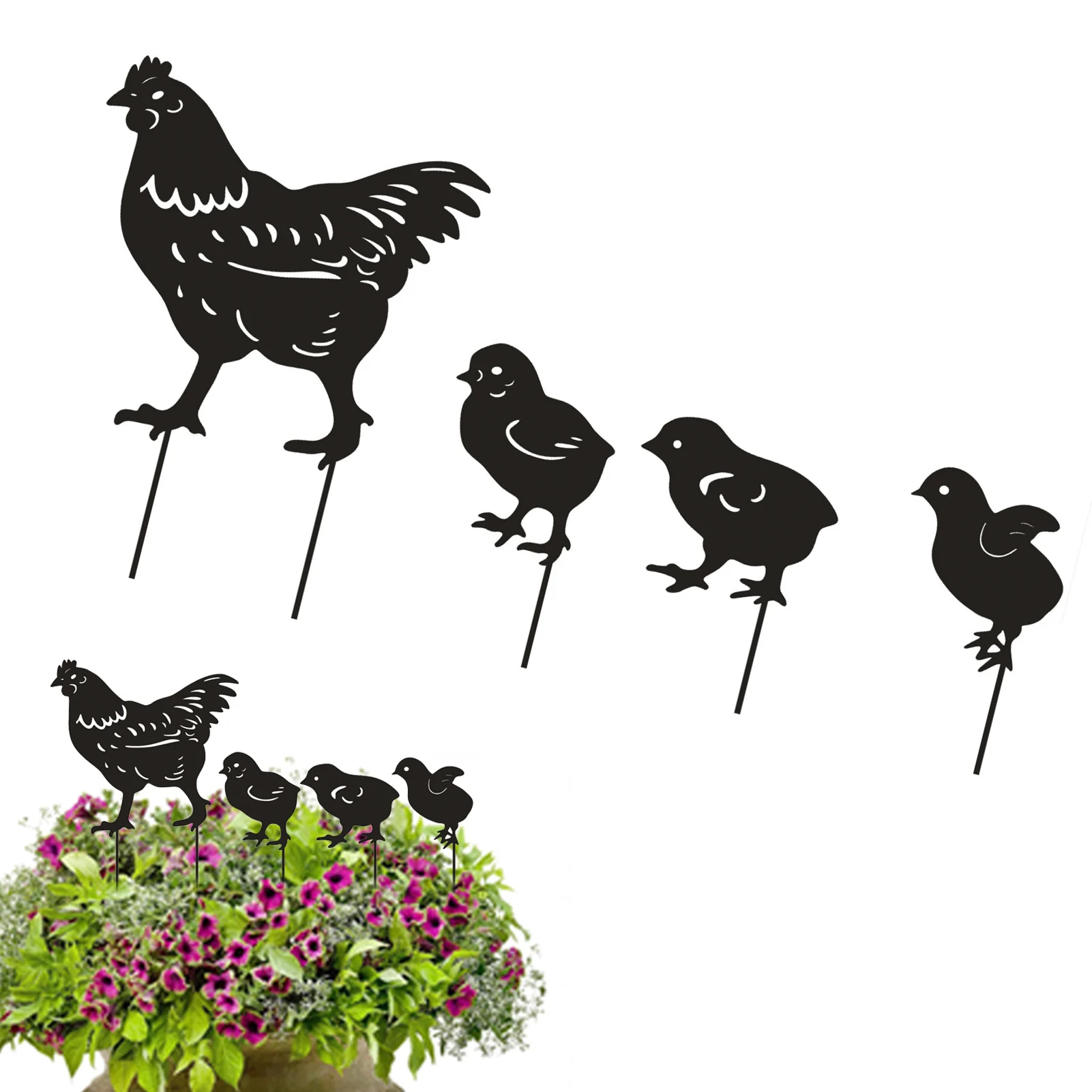 

4 Pieces Chicken Garden Stakes Innovative Iron Animal Silhouette Stakes Animal Lawn Decorations Outdoor Decorations For Patio