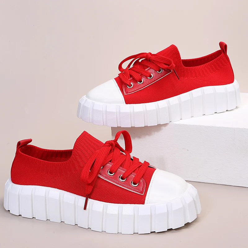 

2022 Spring Platform Sneakers Women Casual Breathable Sport Shoes Lace Up Loafers Ladies Red Sneakers Outdoor Running Shoes