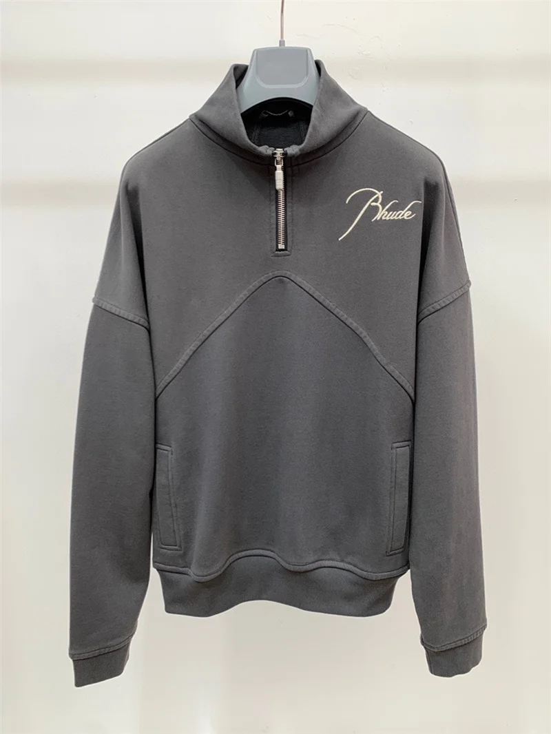 

Men Women 1:1 High Quality Embroidery Hooded Stand-up Collar Half Zipper Sweatshirts Pullover Vintage Patchwork RHUDE Hoodie