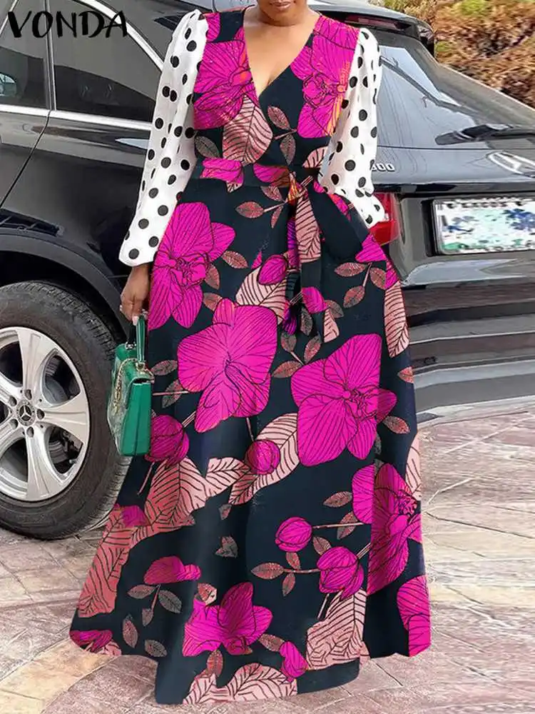 

2022 VONDA Vintage Women Floral Printed Maxi Dress Sexy V Neck Long Puff Sleeve Dot Party Sundress Belted Autumn Bohemian Robe