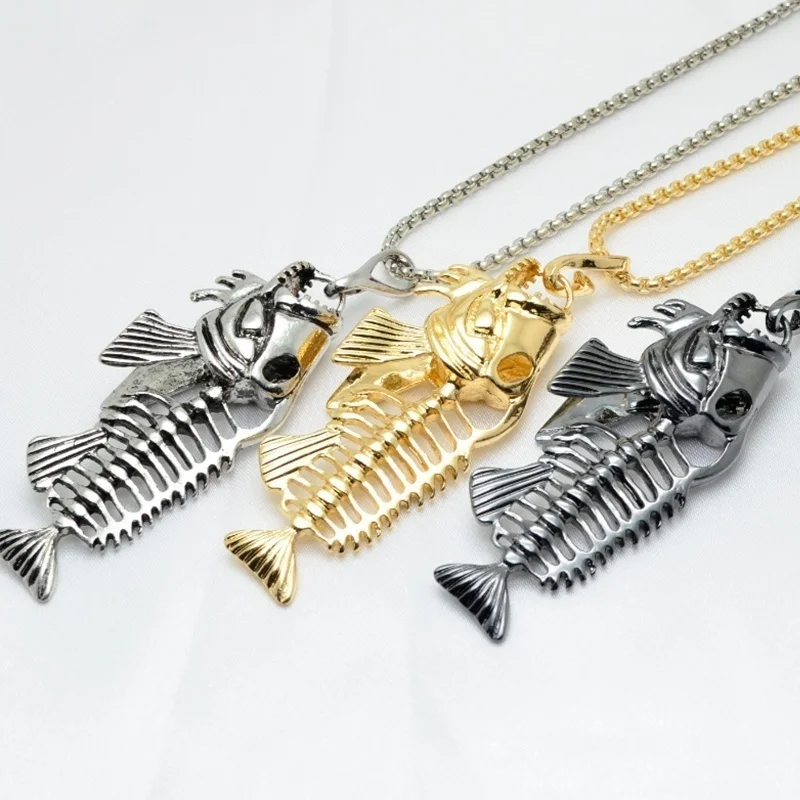 

Fish Bone and Fishing Hook Pendant Punk Style Men 316L Steel Link Chain 2 Colors