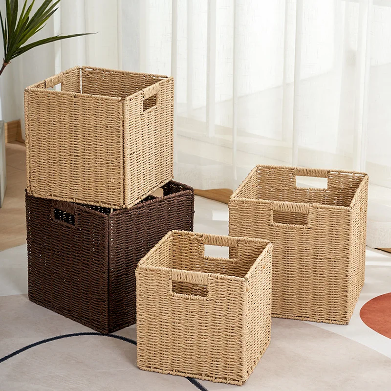 

Imitated Woven Rattan Storage Basket Portable Foldable Desktop Bedroom Laundry Basket Sundries Cloth Toys Food Organizer Box