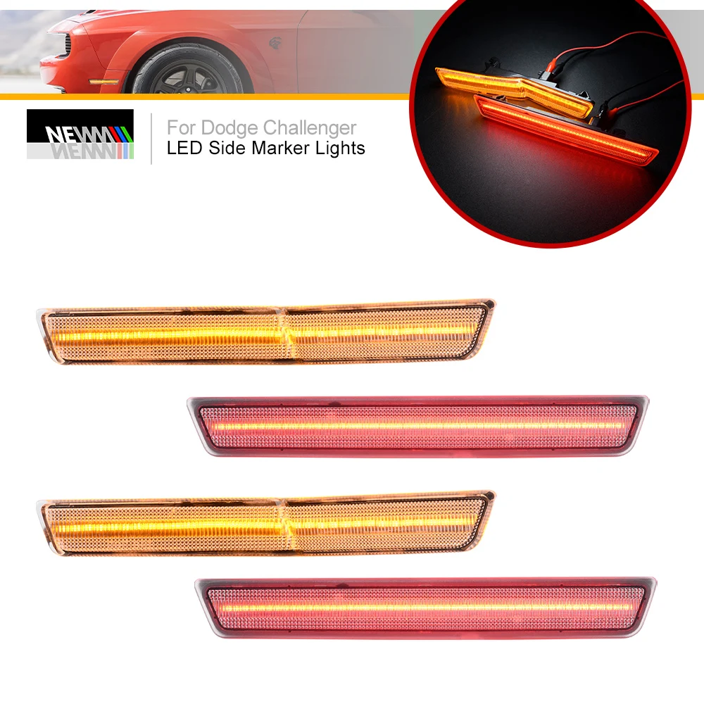 4x For Dodge Challenger SRT Demon Hellcat 2018 Amber Red Led Side Marker Lights Canbus Position Lamps Turn Signals Side Blinkers