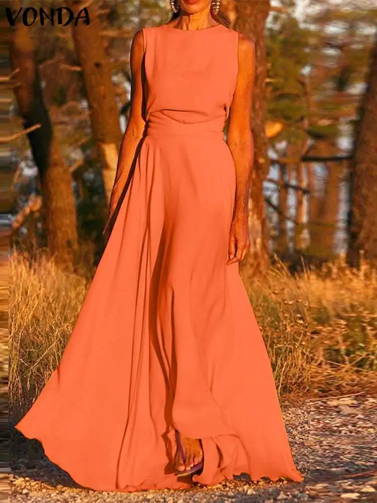 

Летнее Длинное Платье VONDA 2023, богемное женское сексуальное Макси Сарафан без рукавов, повседневное однотонное Плиссированное элегантное платье на бретелях, платье