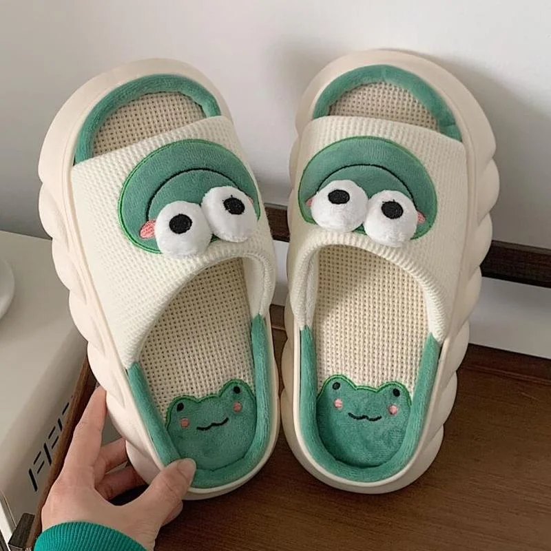 

Animal Indoor Shoes for Women Chunky Slippers Breathable Cute Frog Linen Home Slient Cotton Bathroom House Girl Slides