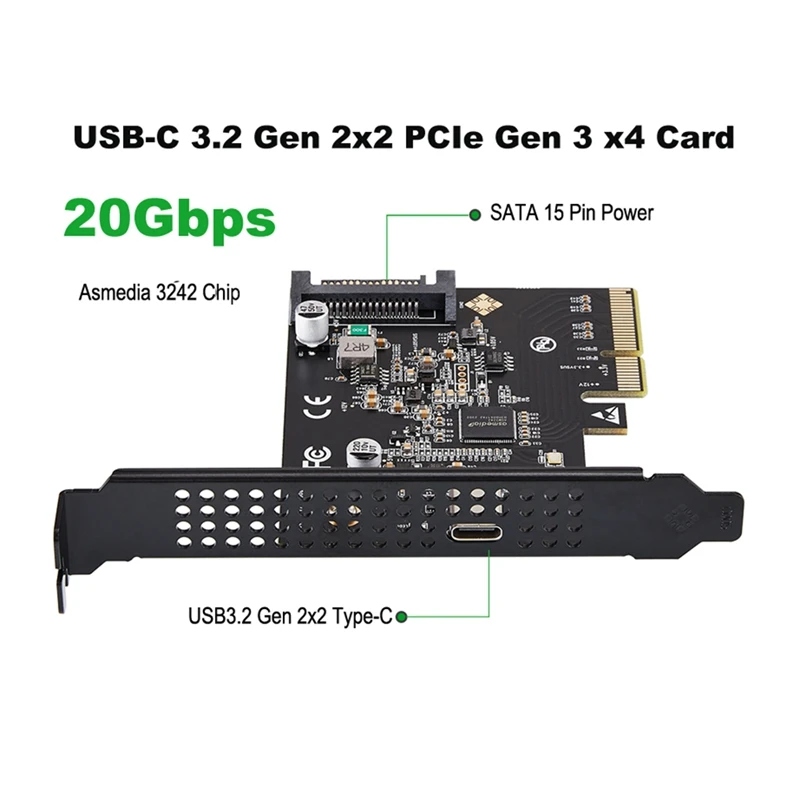 Карта расширения USB-C 3.2 Gen 2X2 PCI-E 3 X4 20 Гбит/с Asmedia ASM3242 Чипсет с 15-контактным питанием