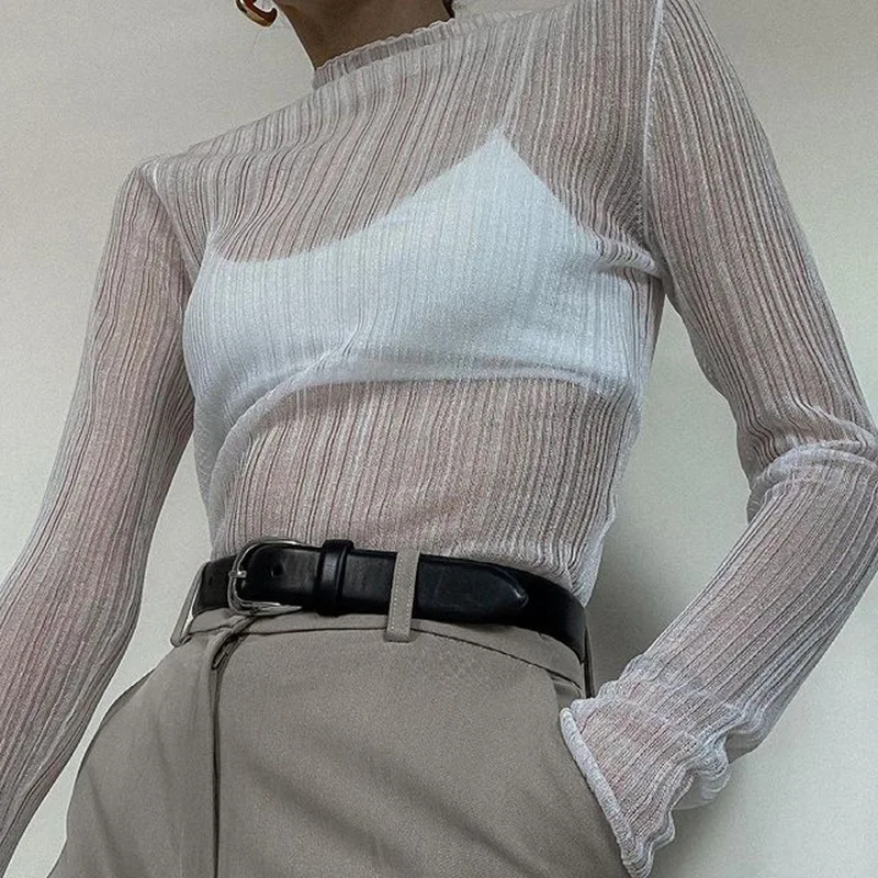 

2022 Fall Elegant See Through Long Sleeve Women Tops Fashion Streetwear Sexy T-Shirts Tees Slim Clothes