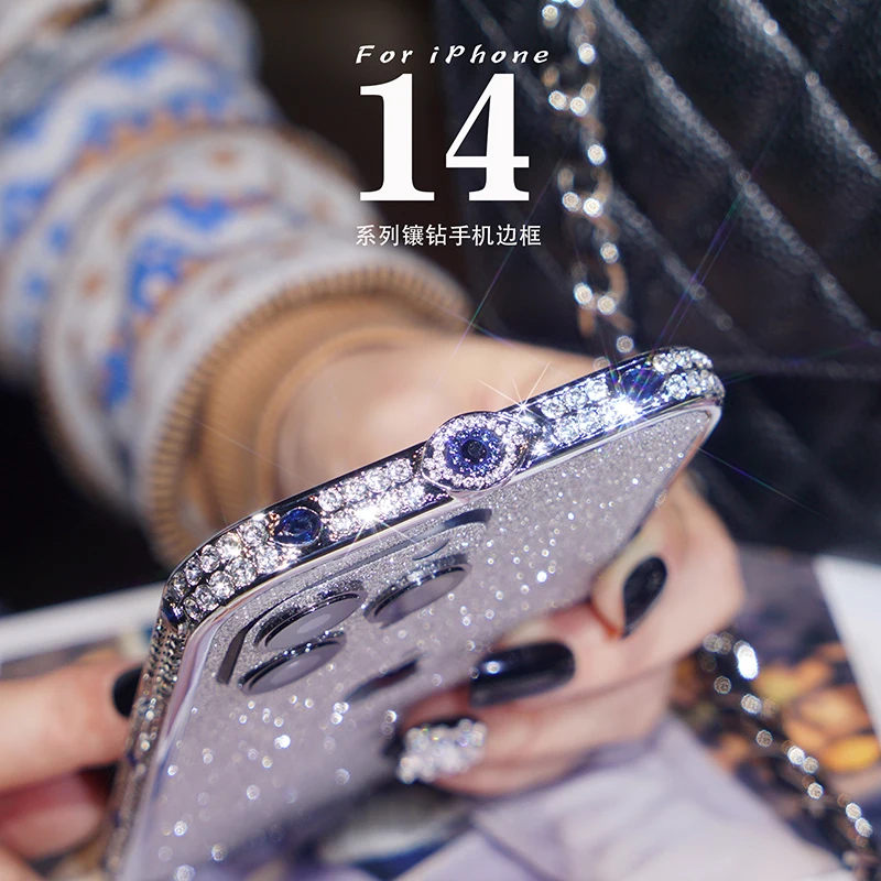 Rhinestone Crystal Diamond Metal Edge Bumper Phone Case For iPhone 14 Plus 13 12 11 Pro XS Max XR X Glitter Back Film Cover