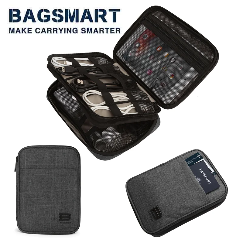 

BAGSMART электронный органайзер, двухслойный дорожный органайзер для жестких дисков, маленький органайзер для кабелей, USB, SD-карт