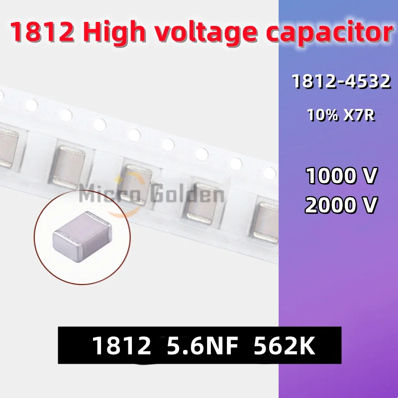 

(10pcs) 1812 SMD Ceramic Capacitor 1812 5.6NF 562K 1000V 2000V 1KV 2KV 10% X7R 4532 High Voltage Non-polarity Capacitance MLCC