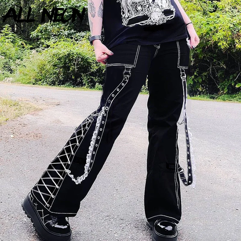 

ALLNeon Mall Goth Aesthetics Chain Trim Lace Up Hem Flare Jeans Y2K Grunge Streetwear High Waist Black Denim Pants Big Pockets