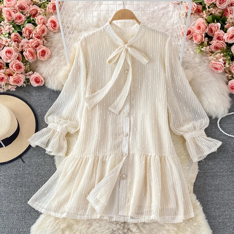 

Autumn Elegant Temperament Loose Women Dress Ruffle Lace Up Button Solid Shirring Long Puff Sleeve Vestidos De Verano Mujer