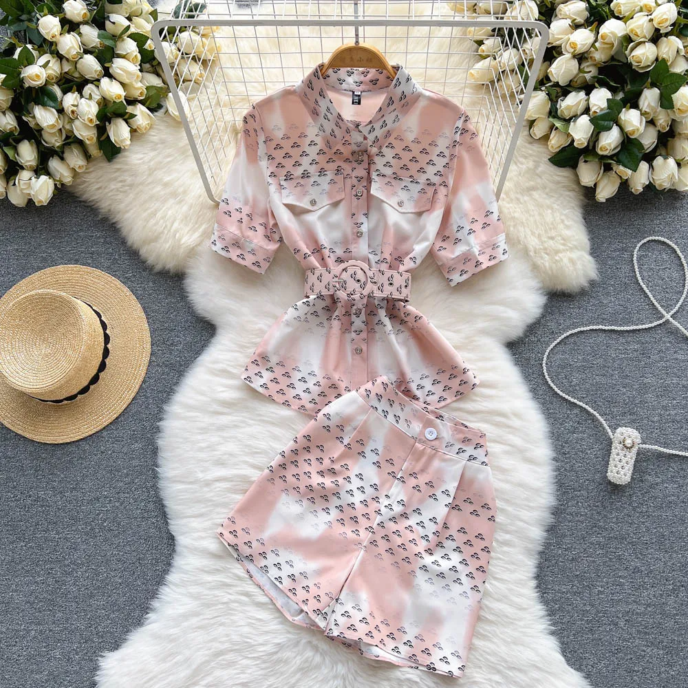 

Amolapha Fashion Runway Letter Two Piece Suit Set Summer Women's Long Sleeve Belted Print Shirt Top + High Waist Shorts