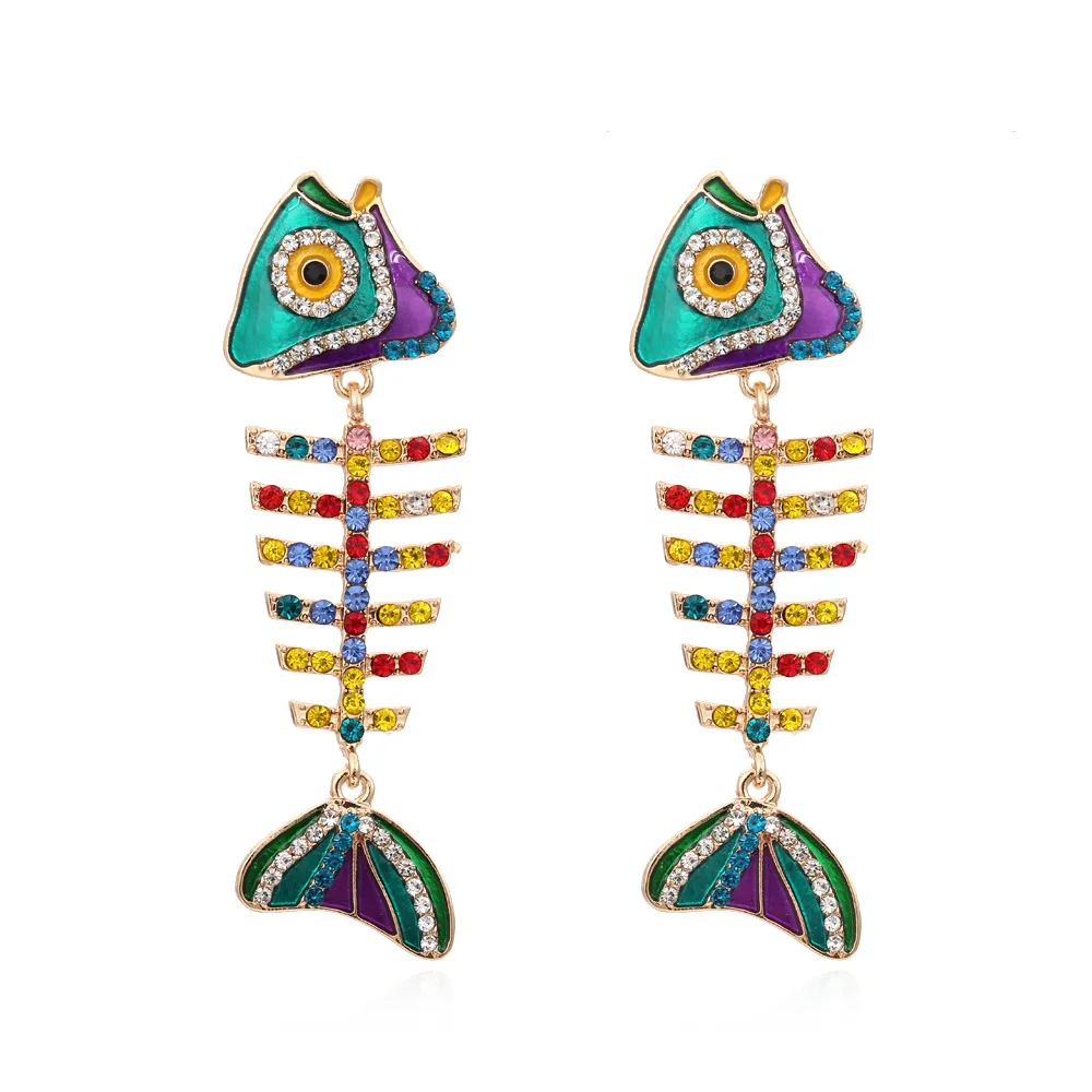 

LuxHoney Cute Exaggerated Fishbone Shape Metallic Statement Drop Earrings for Women with Colored Enamel Rhinestone Pearl Inlaid