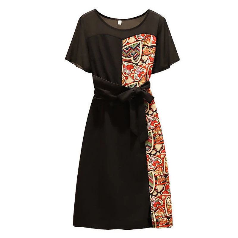 

2022 Summer Fashion Stitching Printing V-Neck Women Elegant Dress Short Sleeve Loose Waist Casual Ladies Midi Dress