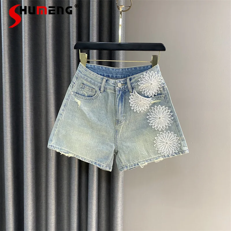 Lace Flower Decorative Denim Shorts Women's Summer 2023 High Waist Straight Niche A- line Slimming Loose-Fitting Hot Pants Tide