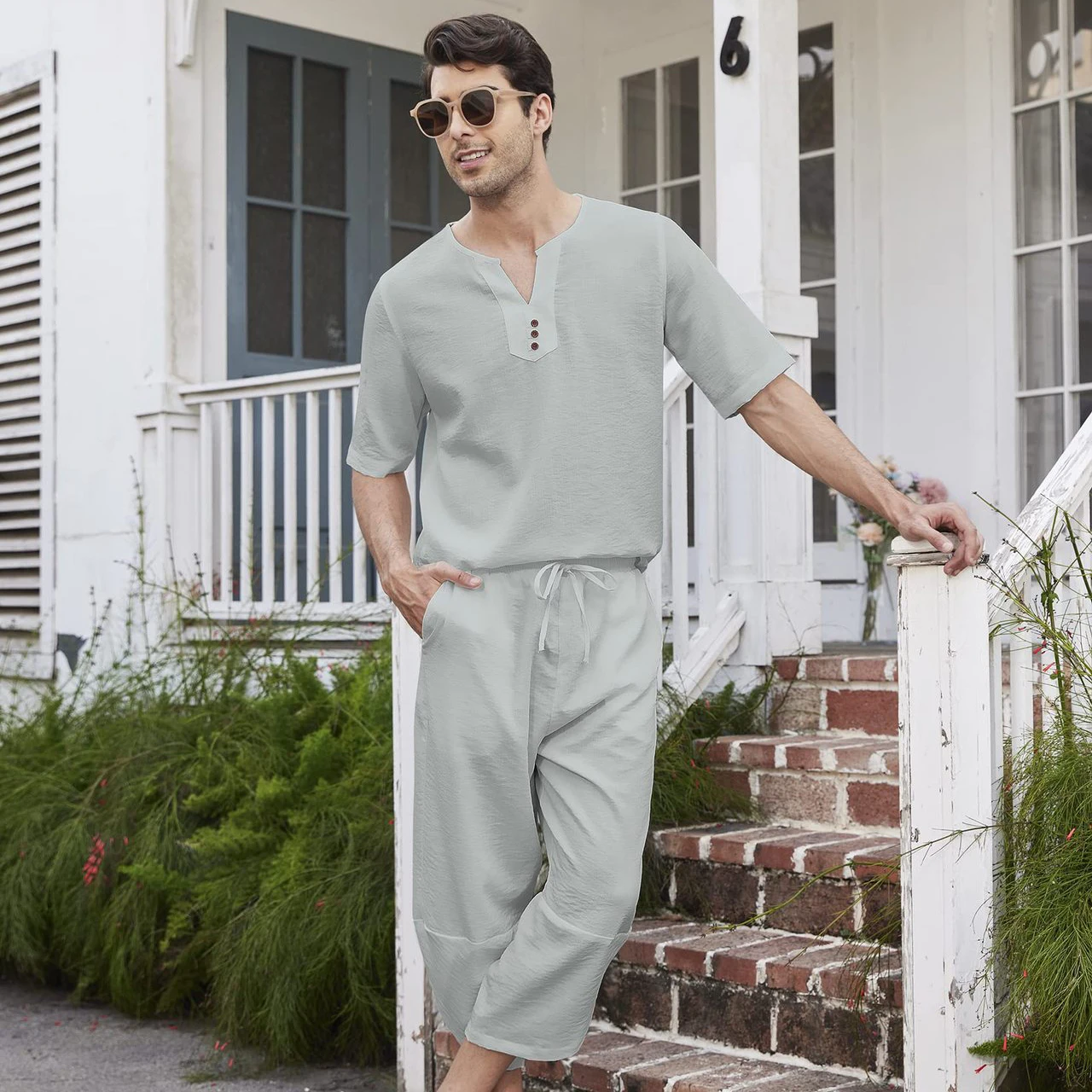 Summer Cotton Linen Shirt Set Men's Casual Outdoor 2-Piece Suit Andhome Clothes Pajamas Comfy Breathable Beach Short Sleeve Sets