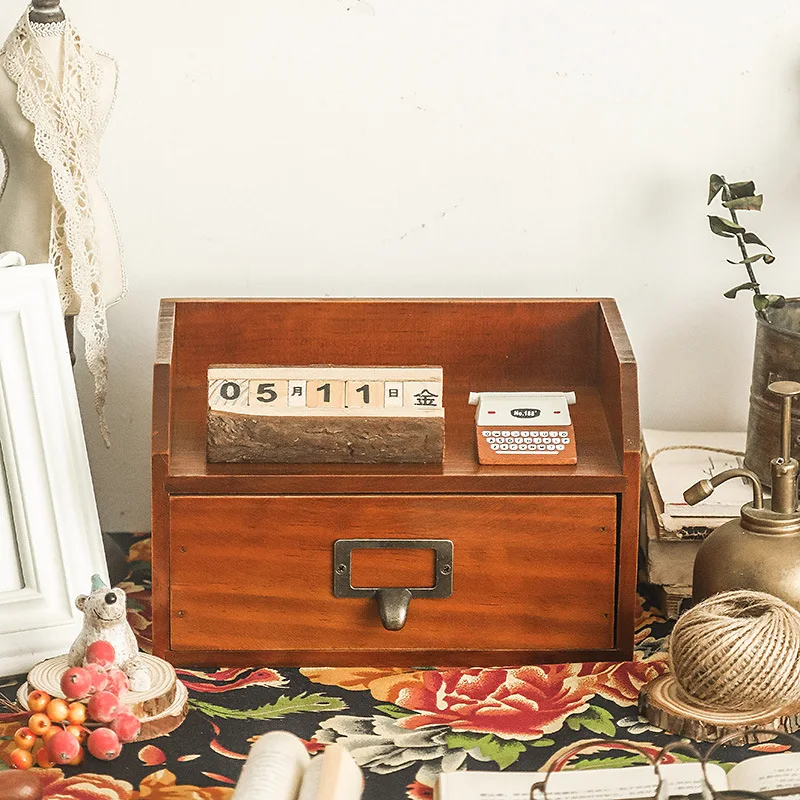 

Premium Retro Vintage Decorative Wooden Desk Organizer Srorage with Drawer for Home Office Farmhouse