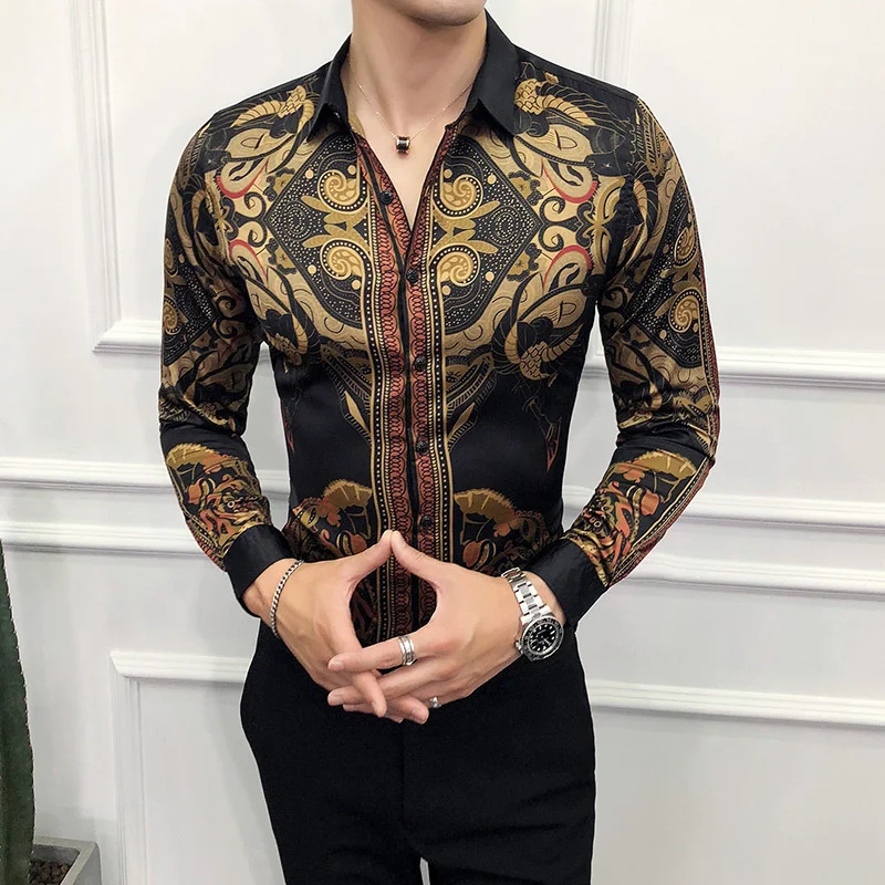 

2024 Band Autumn Mens Gold Shirts Social Club Shirt Luxury Baroque Camisa Slim Fit Black Designer 6xl