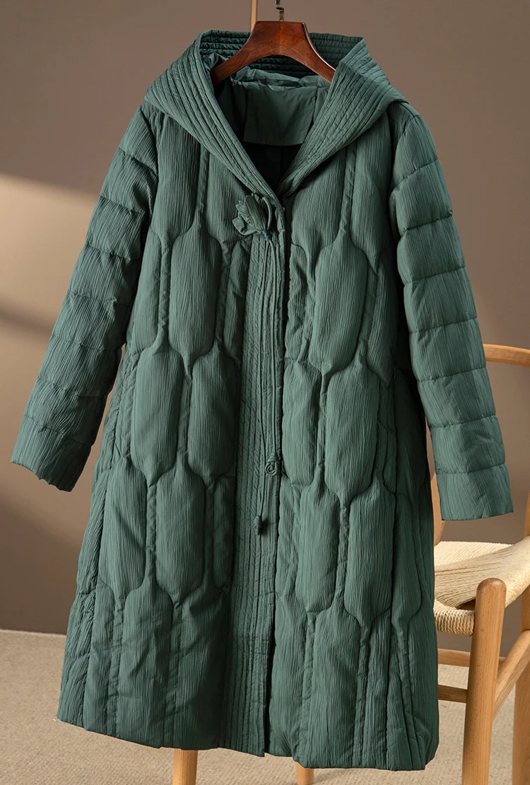 2023 Spring Thin Long Coat Women Hooded 85%  White Goose Down  Chinese Style  Covered Button  Appliques Jackets