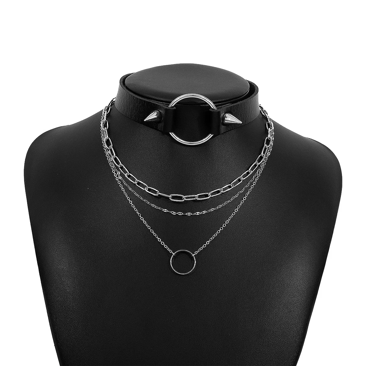 Punk style dark black neck chain leather rivet personalized rock collar exaggerated chain necklace