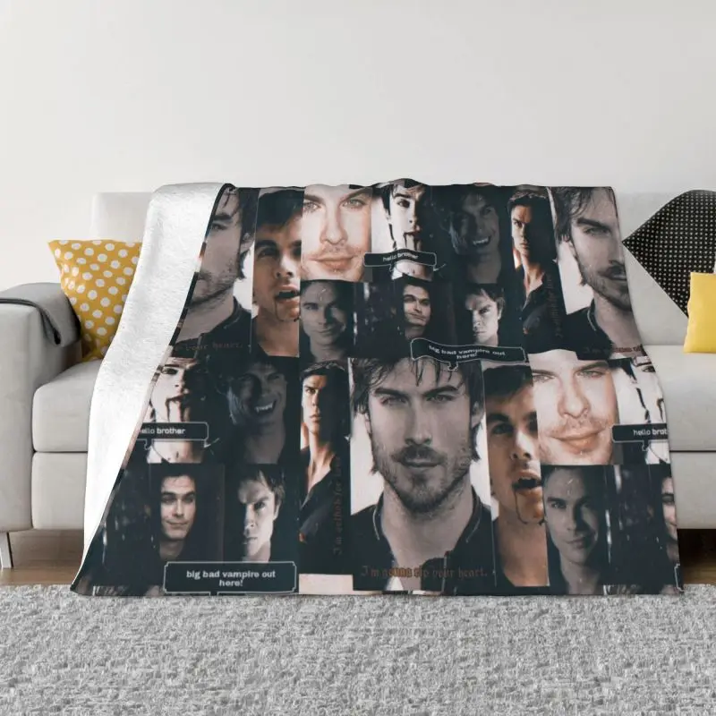 

Damon Salvatore The Vampire Diaries Blanket Warm Fleece Soft Flannel Fantasy Film Throw Blankets for Bedding Couch Car Spring